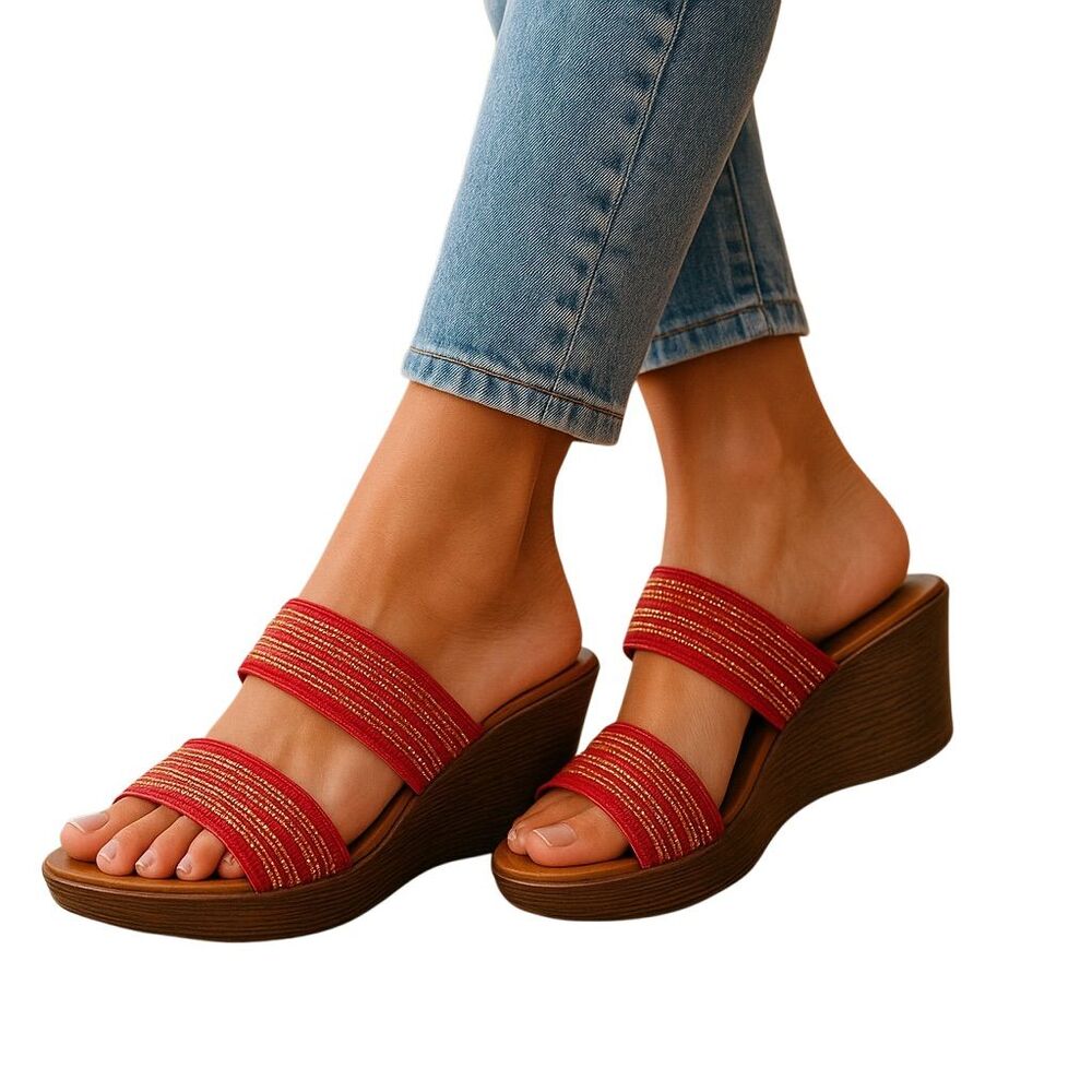 Toscanella Women's Red With Gold Shimmer Wedge Heel Italian Sandals Size 8 NWOT